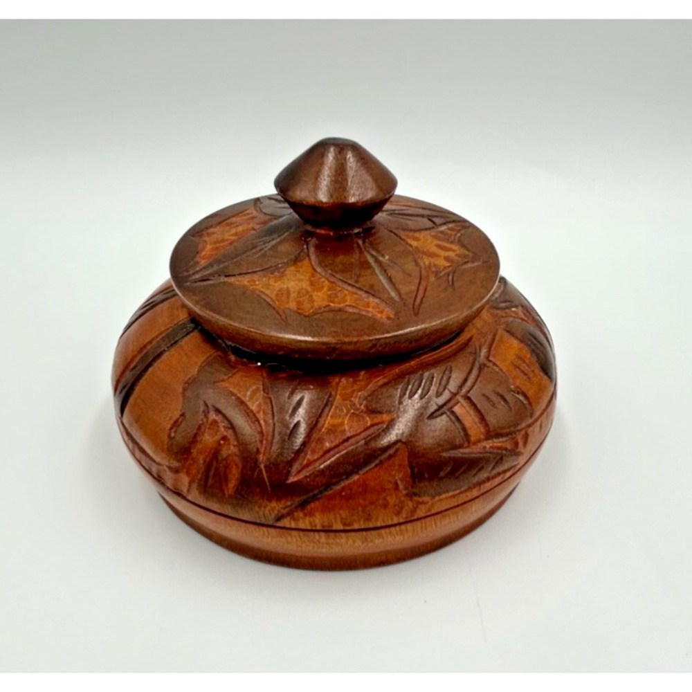 MCM EUC Hand Turned 4" Round Wooden Trinket Box Container w/ Lid Floral Engraved